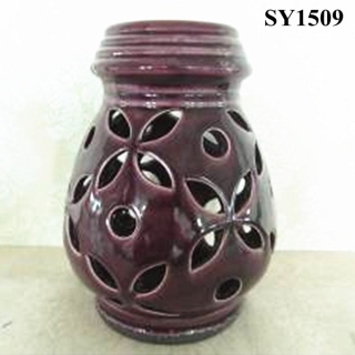 9.5" agate red glazed hollow out ceramic candle stick