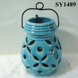 Ceramic decoration for home 8" blue glazed decoration hanging candle holder