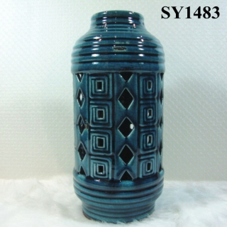 12" blue glazed candle holder ceramic decoration